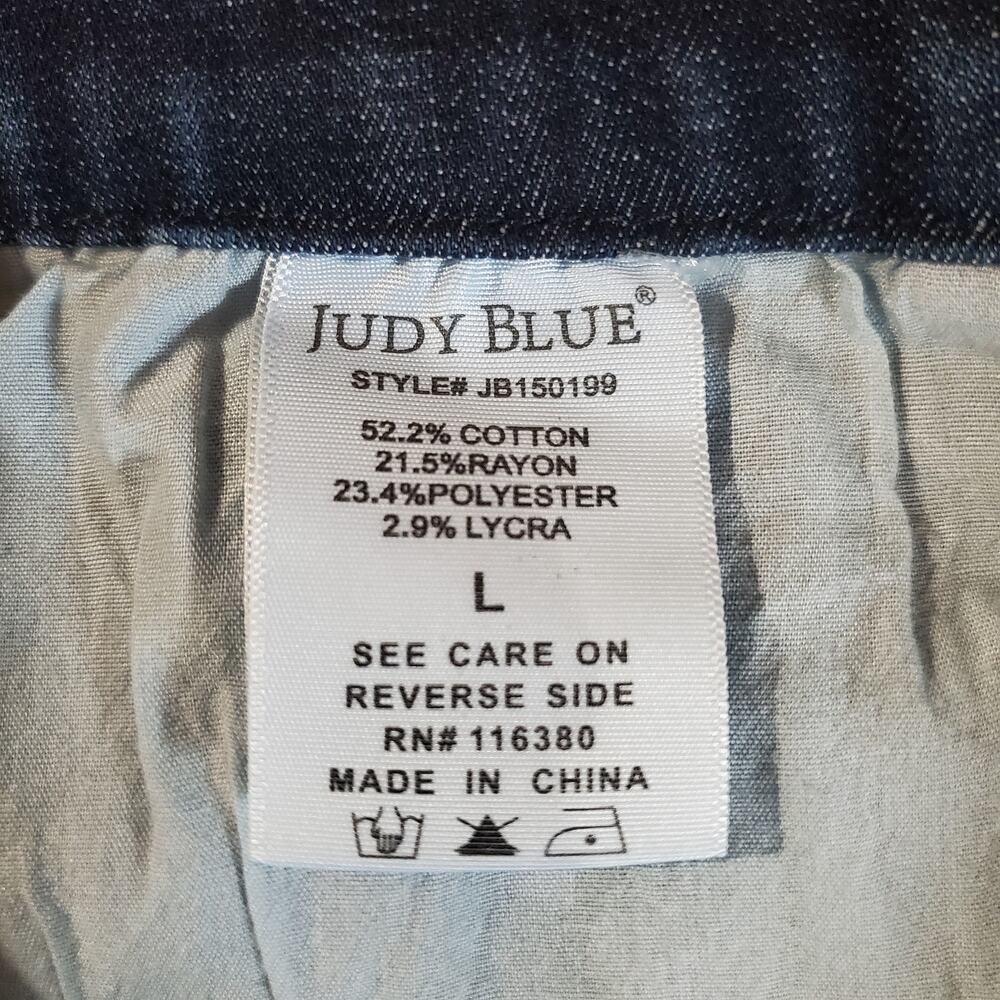 Judy Blue Dolphin Frayed Raw Hem Stretchy Denim Jean Shorts Size L Jorts Pockets - Picture 6 of 10